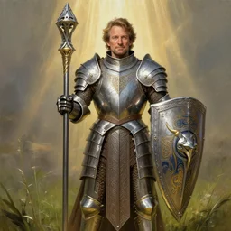 an ultradetailed portrait of robin williams dressed as a fantasy holy paladin, carrying a large tower shield, d & d, fantasy, intricate, elegant, highly detailed, digital painting, matte, sharp focus, illustration, shining plate armor, god rays, grassy field in the background, art by john collier and albert aublet and krenz cushart and artem demura and alphonse mucha
