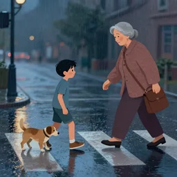a matte painting of a young boy and his pet dog helping an old woman to cross a street, rainy evening, water reflection on the floor