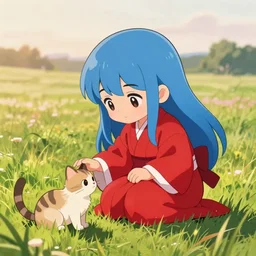 Of a cute little anime girl with long blue hair, wearing a red shrine maiden uniform, in a large grassy field, petting a cat, golden hour,