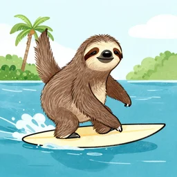 hipster drawing of a sloth riding a surfboard in hawaii