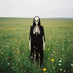 mystical death god standing in tall meadow of flowers, distant, film photo, grainy, high detail, high resolution