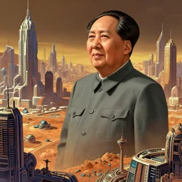 a hyper realistic digital art of mao zedong in cyberbunk city on mars by by thomas kinkade, irakli nadar, intricate linework, bright colors, cinematografic, highly detailed, hyperrealism, digital art, artstation, concept art, unreal engine 6, detailed and intricate environment, an expansive view of
