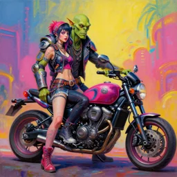 a scifi post apocalyptic orc biker and his girlfriend posing with a motorcycle, psychedelic vibrant colors, futuristic punk rock fashion, oil painting by michael whelan art, sharp focus, realistic, highly detailed, 8 k