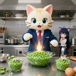 4 5 mm 1 9 9 7 cooking food photography of an corporate mascot at a kitchen summoning an anime demon mushy peas aspic catgirl, photography by tyler mitchell johfra bosschart