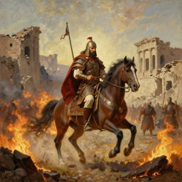 nomadic early medieval hunnic khan on horseback surrounded by fires and rubble of roman buildings and mostly destroyed roman buildings, oil painting,  cinematic, late antiquity, roman
