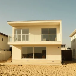 architecture ad for a two-story mid-century modern house on the beach, designed by Kengo Kuma. Film grain, cinematic, yellow hue