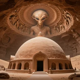 an alien cult worshipping their deity inside a gigantic clay dome where a fantastic alien creature is carved into the ceiling, it is a place of worship, desert environment, cinematic composition, cinematic lighting, harmonious colors, trending on artstation and cgsociety