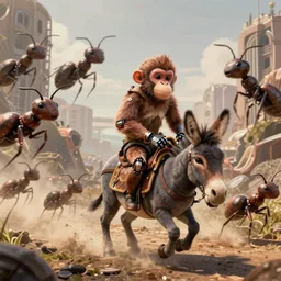 a robot monkey riding a donkey in a post apocalyptic world being chased by giant ants