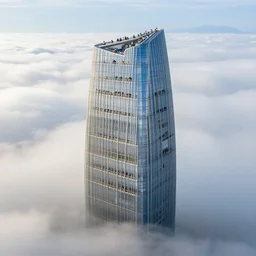 a high mmodern building over clouds in shenzhen nanshan, realistic, trending to artstation, so many people sitting in the building and working with cpmputer
