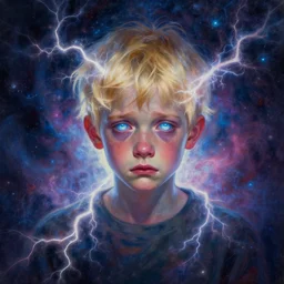 visionary art by mandy jurgens, powerful eyes glowing highly detailed painting of deep sadness alone, young blonde boy spiritual portrait, fractal electricity surrounding him, expressive emotional sadness piece, trending on art station, abstract emotional sadness expression, very very very beautiful, fantasy digital art, visionary art, magical fantasy 2 d concept art, cosmic nebula