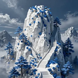 Pillar, mountain, path, stairs, trees, rocks. White and blue. Fantasy, digital art, HD, detailed.