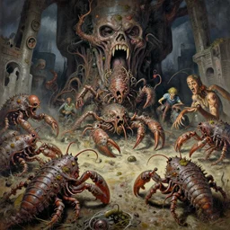 painting varied filthy, necrotized faciitus, evil, spores laden rugated armored crustaceans clawing & terrified as massive brutalist structure, claustrophobic drag race, clustered horror, by virgil finlay, vincente b ballestar, by francesco blanc, geof darrow, bisley, & by jack gaughan high resolution, hyper