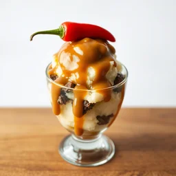 a sundae made of mashed potatoes, steak, and gravy, with a chili pepper on top