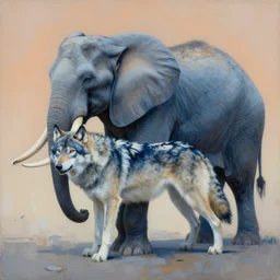 painting of hybrid between elephant & wolf, intercrossed animal, by zdzislaw beksinski, by tiffany bozic, by chris buzelli, cold hue's, warm tone gradient background, concept art, beautiful composition, digital painting