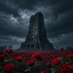 ominous Dark Tower with a dark looming sky overhead surrounded by a field of red roses