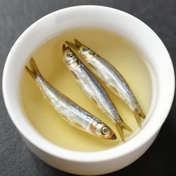 anchovies floating in a white porcelain cup of tea, 3 5 mm photo