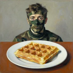 portrait of a man camouflaged as a waffle on a plate still-life eyvind earle norman ackroyd dan witz mark ryden palette knife artwork
