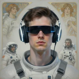 future coder man looking on, sleek cyclops display over eyes and sleek bright headphoneset, neon accent lights, desaturated headshot portrait painting by dean cornwall, rhads, john berkey, tom whalen, alex grey, alphonse mucha, john james audubon, astronaut cyberpunk electric fashion photography