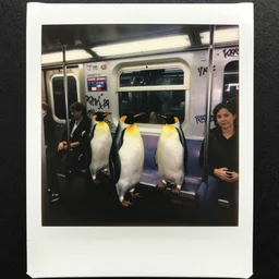penguins riding the subway in new york city in the 1 9 8 0 s, graffiti on the walls, polaroid photograph with flash