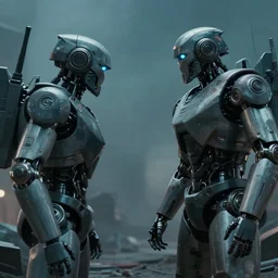 vfx film closeup, futuristic, robot stand - off, war, battlefield, flat color profile low - key lighting award winning photography arri alexa cinematography, hyper real photorealistic cinematic, atmospheric cool colorgrade