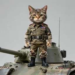 Portrait face fuzzy ears furry ripped physique kitty cat general camouflaged as a kitty cat man wearing a military officer uniform standing atop a panzer tank charlie bowater elina brotherus greg rutkowski Dan Witz norman rockwell victo ngai