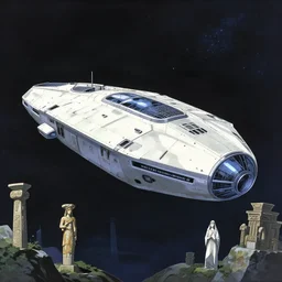 anime visual, exterior portrait of a spaceship floating in the void, totems, minoan, craig mullins, dieter rams, jean giraud, sparth, gustav klimt, all seeing eye, omni magazine, mecha, zaha hadid, mysticism, alphonse mucha