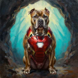 muscular pitbull dog in iron man chest armor with backlight , sun rays , big shadows, small bird sihouettes  in cyan background , very textured detailed  oil painting by rembrandt , hard backlight , in dark cave