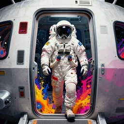 astronaut walking through the door of a spaceship by josan gonzalez splash art graphic design color splash high contrasting art, fantasy, highly detailed, art by greg rutkowski