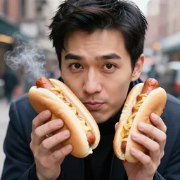 closeup portrait of a sneaky man hiding trying to sell hotdogs in a smoky new york back street , by Annie Leibovitz and Steve McCurry, natural light, detailed face, CANON Eos C300, ƒ1.8, 35mm, 8K, medium-format print
