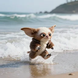 gizmo from gremlins running through the surf on a beach