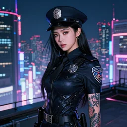 portrait jisoo blackpink + black hair of futuristic female police, black armored uniform, tatoo, at rooftop futuristic colorpunk tokyo neon flash night, ssci - fi and fantasy, intricate and very very very beautiful, highly detailed, digital painting, artstation, concept art, smooth and sharp focus, illustration, art by tian zi and wlop and alphonse mucha, frostbite engine