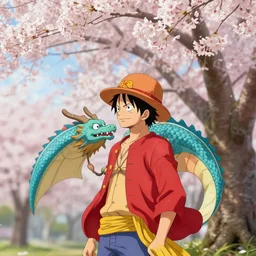 photo of luffy as dragon at a sakura tree, side shot, by shunji dodo, 8 k resolution, high quality