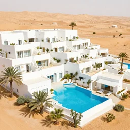 habitat 6 7, white lego terraced architecture hotel in the dessert, many plants and infinite pool