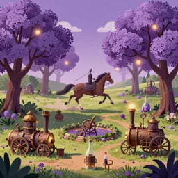 purple flower trees, horse at a gallop, steampunk!!!! steam machines, bottle, garden, grainy texture, infographic with illustrations, glowing lights, epic fantasy, colorfully, digital art, highly saturated colors, concept art, detailed illustration, hd, 4 k, digital art, greg rutkowski, dan mumford, studio ghibli trending on artstation