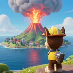 jason from paw patrol is watching a giant volcano erruption on the island across the sea, trending on artstation, intricate detail, very sharp, vibrant colors, depth of field