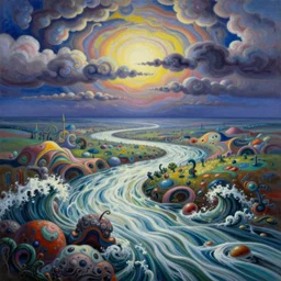 Psychedelic sci-fi dreamworld. Landscape painting. Organic. Winding rushing water. Waves. Clouds. Wayne Thiebaud. Kandinsky.