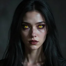 portrait of a woman with long black hair and yellow eyes, scary, 4k, highly detailed face, beautiful, octane render, cgi, cgsociety, dark lighting, artstation, high quality, depth of field, ambient occlusion,