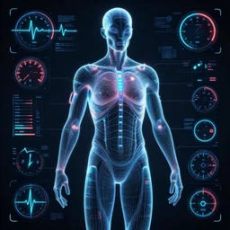 human performance, wireframe body, vector, biosensors, medical image, detailed, octane render, global illumination, alien, future, heartbeat, gauges and dials
