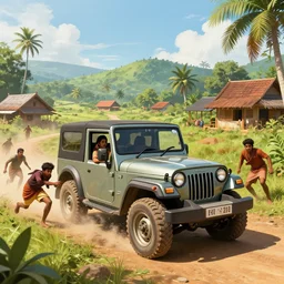 Mahindra thar, tribe members attacking, action scene, Lively sunny landscape of a kerala village realistic detailed digital art by Maxwell Boas Jessica Rossier Christian Dimitrov Anton Fadeev trending on Artstation CGSociety rendered in Unreal Engine 4k HQ
