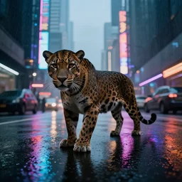 a high quality low wide angle photo of a panther on the streets of a cyberpunk city, rainy, reflective ground, neon lights, realism, 8k