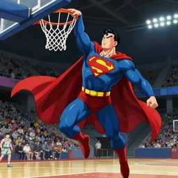 movie still of superman going for a dunk on a street basketball court, art by akira toriyama, 4 k, dragon ball artstyle, cel shaded, highly detailed, epic lighting