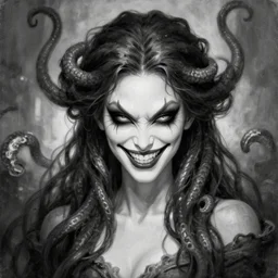 medusa portrait painting, black and white, wicked grin, artstation, detailed, blurred background