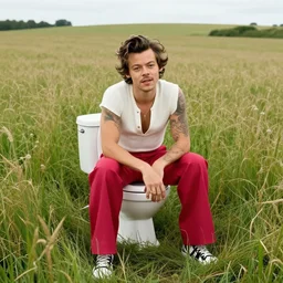 harry styles sat on the toilet in the middle of a field