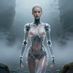 Masterpiece full body portrait of a beautiful female cyborg with a beautiful face and flawless skin, parts of her body are made of transparent plastic, in a surreal dream landscape, eerie fog, cinematic lighting, 8k