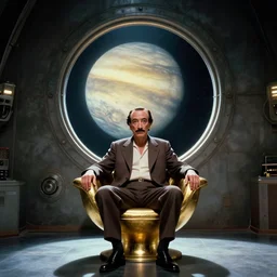 salvador dali sits on gold futuristic chair in front of huge central porthole in which venus planet is visible | still frame from the star wars movie by ridley scott with cinematogrophy of christopher doyle and art direction by hans giger, anamorphic lens, kodakchrome, 8 k