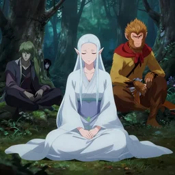 elven princess sitting with sun wukong in the melancholy forest. andreas achenbach, artgerm, mikko lagerstedt, zack snyder, tokujin yoshioka