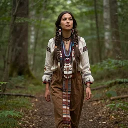 a photo of a young beautiful cherokee woman, wandering deep in the forest