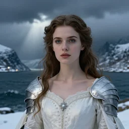 mage, norway fjord, extreme close up portrait, hudson river school, max rive, armor made of ocean, stormy seas, white royal dress, beautiful, bokeh, gentle, female, snowy, storm clouds, god rays, extreme close up portrait, d & d, fantasy, elegant, low key color palette, concept art, roger deakins and greg rutkowski and alphonse mucha