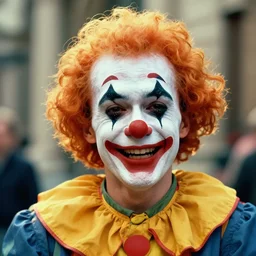 realistic photo of a clown, smiling through his pained tears emitting aura, 1 9 6 0, life magazine photo, natural colors, metropolitan museum, kodak, 8 k, very detailed, high resolution, product photo,
