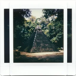 old photo of black pyramid in a jungle, polaroid